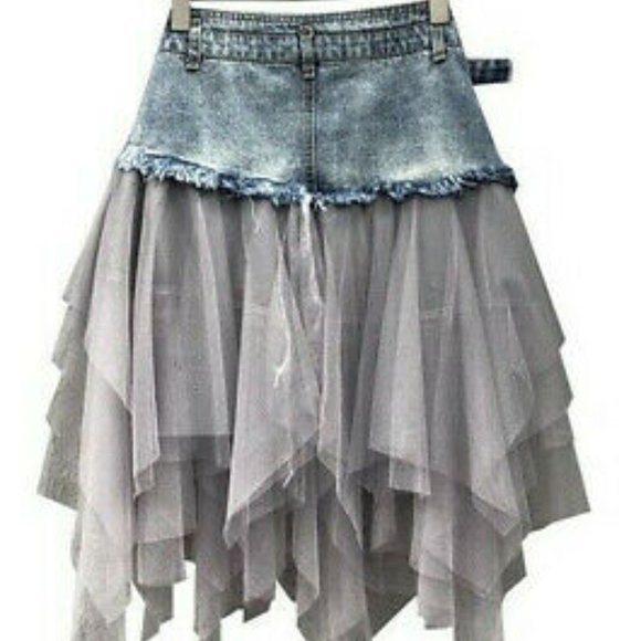 ~New~ Denim Tulle Asymmetric Goth Denim Skirt - Picture 4 of 4